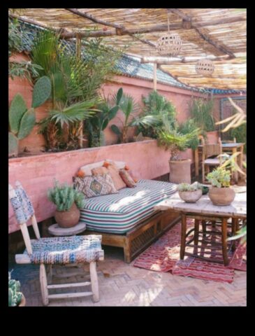 Бохемски кът за сядане на открито с марокански пуфове