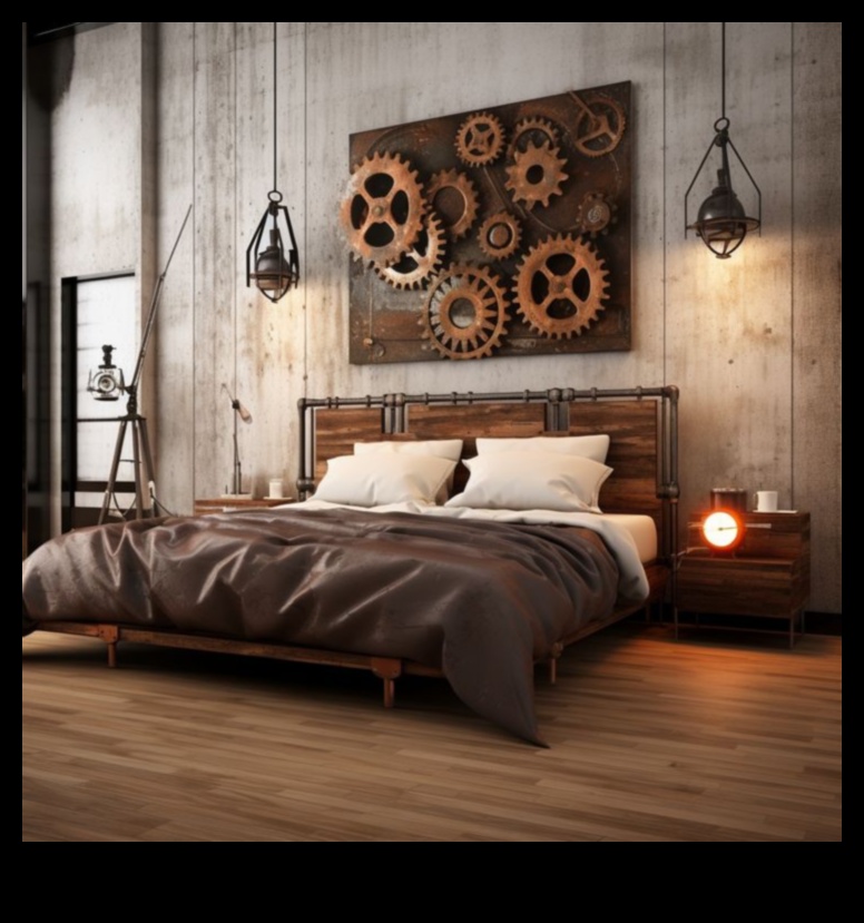 Какви са някои идеи за ретро индустриален декор на спалня със стиймпънк акценти?