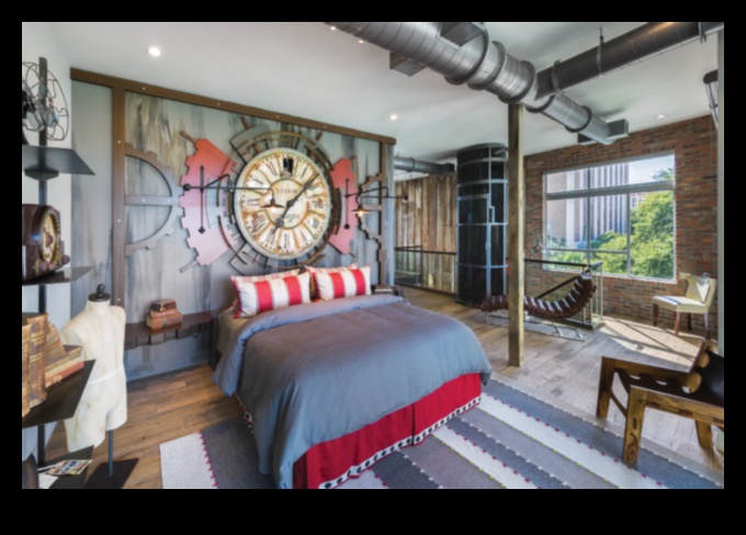 Какви са някои идеи за ретро индустриален декор на спалня със стиймпънк акценти?